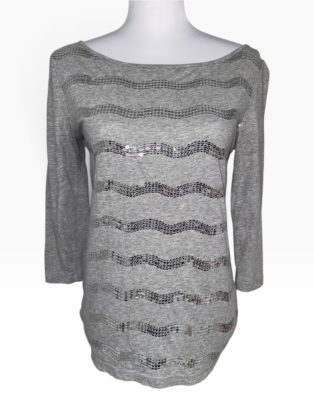 LOFT Women’s Small Gray Cotton Sequin Stripe Boat Neck 3/4 Sleeve Top Y2K